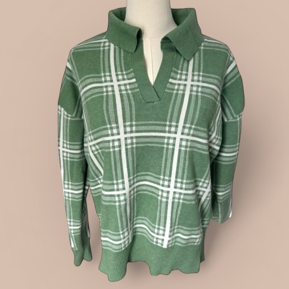 Max Studio Plaid Boxy Sweater Sage Green Cottagecore Autumn Grandpacore Western
